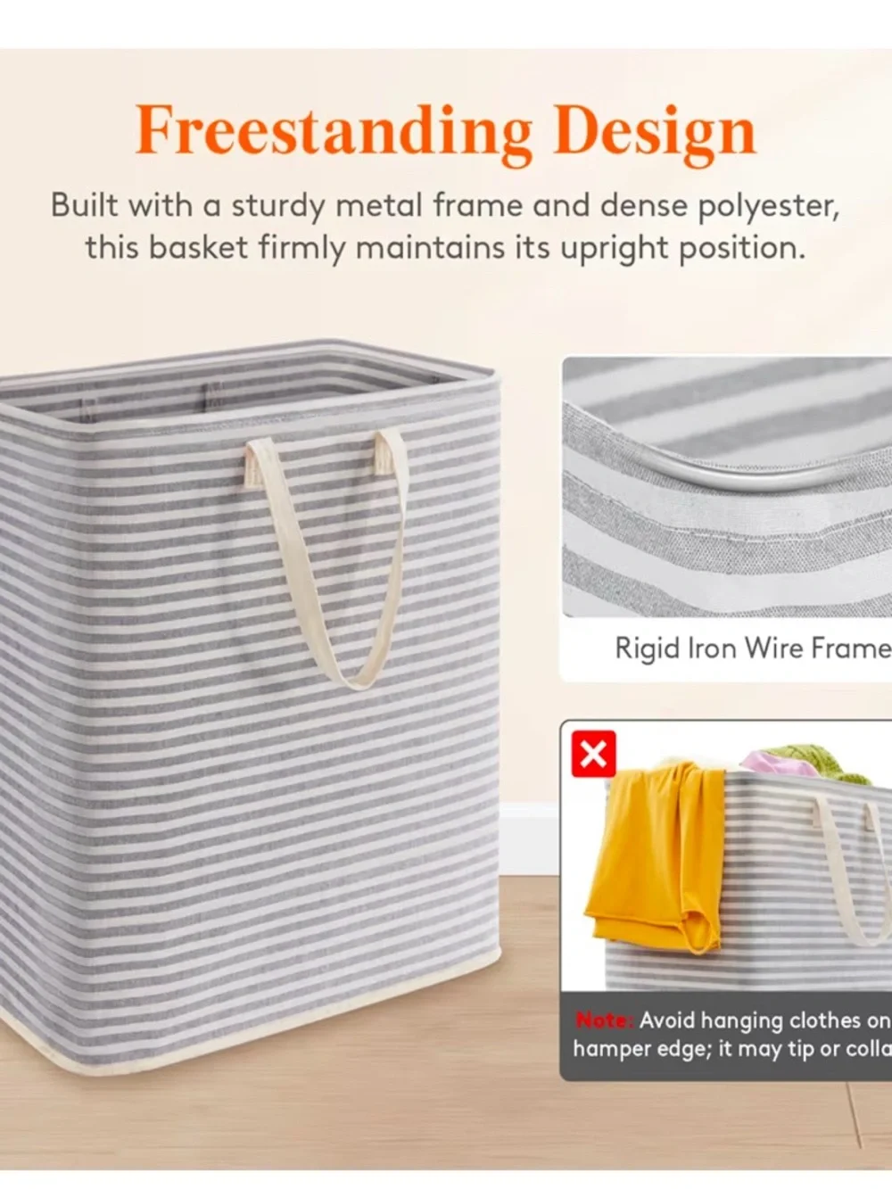 Striped Gray Fabric Laundry Hamper with Handles